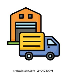 Carretera de entrega frente al almacén que muestra el icono de concepto de entrega logística, diseño de vector de cumplimiento de pedidos