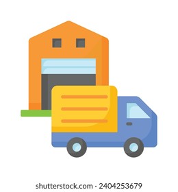 Delivery van front of warehouse showing concept icon of logistics delivery, order fulfillment vector design