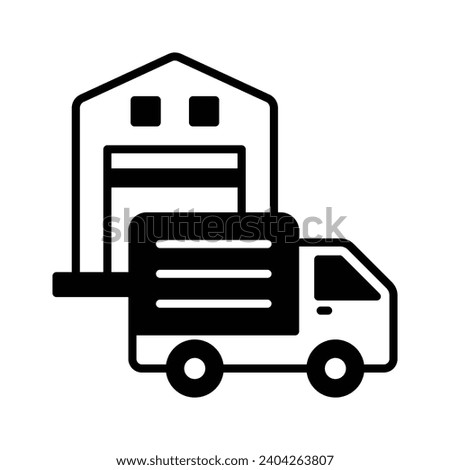 Delivery van front of warehouse showing concept icon of logistics delivery, order fulfillment vector design