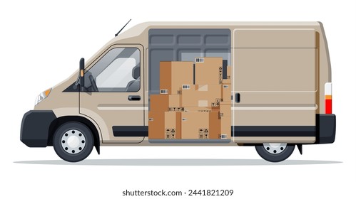 Delivery van full of cardboard boxes isolated on white. Express delivering services commercial truck. Concept of fast and free delivery by car. Cargo and logistic. Cartoon flat vector illustration