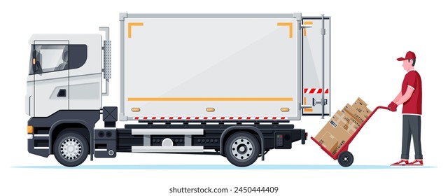 Lieferwagen voll mit Kartons isoliert auf Weiß. Express-Zustellung von LKW. Konzept der schnellen und kostenlosen Lieferung mit dem Auto. Fracht und Logistik. Cartoon-Flat-Vektorillustration