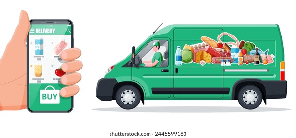 Delivery van full of food and smartphone. Concept of fast grocery delivery service. Supermarket, cafe, restaurant. Groceries products, bread, meat milk fruit vegetable drinks. Flat vector illustration