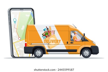 Delivery van full of food and smartphone. Concept of fast grocery delivery service. Supermarket, cafe, restaurant. Groceries products, bread, meat milk fruit vegetable drinks. Flat vector illustration