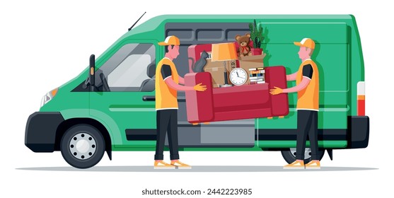 Delivery van full of home stuff inside. Moving to new house. Family relocated to new home. Boxes with goods. Package transportation. Computer, lamp, clothes, books. Flat vector illustration