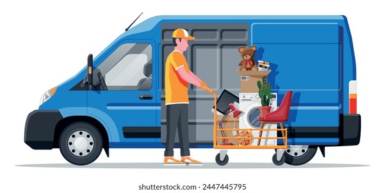 Delivery van full of home stuff inside. Moving to new house. Family relocated to new home. Boxes with goods. Package transportation. Computer, lamp, clothes, books. Flat vector illustration