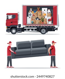 Delivery van full of home stuff inside and movers. Moving to new house. Family relocated to new home. Boxes with goods. Package transportation. Computer, lamp, clothes, books. Flat vector illustration