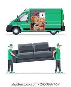 Delivery van full of home stuff inside. Moving to new house. Family relocated to new home. Boxes with goods. Package transportation. Computer, lamp, clothes, books. Flat vector illustration