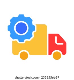 Delivery van with gear line icon. Transportation of goods, truck, online store, post office. Vector colored icon on a white background for business