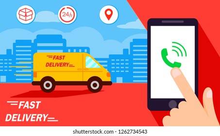 Delivery van get order .Hand holding mobile smart phone open app.fast delivery, shipping.  platform cover page facebook