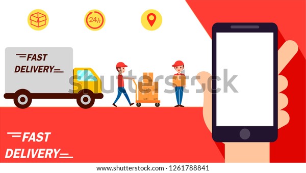 Delivery van get order .Hand holding mobile\
smart phone open app.fast delivery, shipping.  platform cover page\
facebook