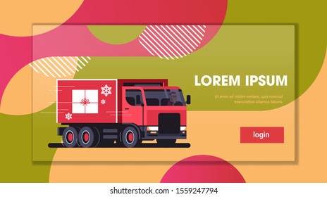 delivery van with gift box container shipping transport for merry christmas happy new year winter holidays celebration concept horizontal copy space flat vector illustration