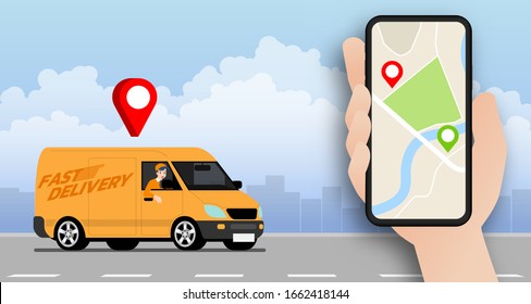 Delivery van going to deliver parcel, food, product to customer by app on blank screen smartphone tracking on a moped with a ready meal, technology and logistics concept with city in the background. 