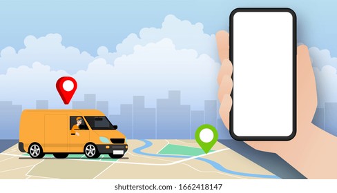 Delivery van going to deliver parcel, food, product to customer by app on blank screen smartphone tracking on a moped with a ready meal, technology and logistics concept with city in the background. 