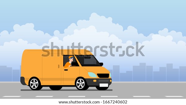 Delivery van going to deliver parcel, food, product to\
customer with a ready meal, technology and logistics concept with\
city in the background.\
