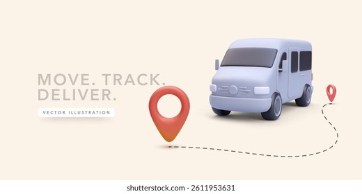 Delivery Van with GPS Route and Location Pin in 3D Cartoon Style. Perfect for Tracking, Logistics, and Shipping UI Concepts. Vector Illustration.