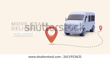 Delivery Van with GPS Route and Location Pin in 3D Cartoon Style. Perfect for Tracking, Logistics, and Shipping UI Concepts. Vector Illustration.