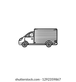 Delivery van hand drawn outline doodle icon. Goods shipping transport and fast delivery, logistic concept. Vector sketch illustration for print, web, mobile and infographics on white background.