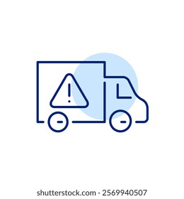 Delivery van and hazard alert with exclamation mark. Unstable conditions, critical delays notification. Pixel perfect, editable stroke icon