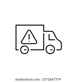 Delivery van and hazard alert with exclamation mark. Unstable conditions, critical delays notification. Pixel perfect vector icon