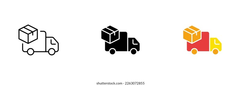 Delivery van icon with box. Home delivery, intercontinental transport. Vector set of icons in line, black and colorful styles isolated on white background.