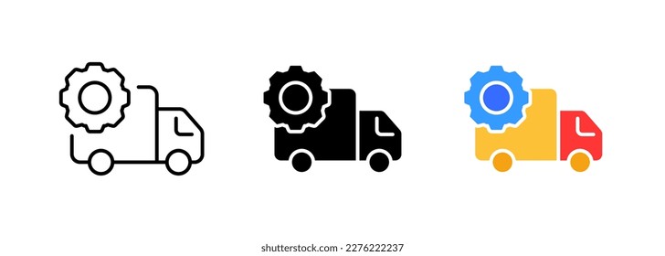 Una camioneta de entrega con el icono de un equipo, que representa las operaciones logísticas y de transporte de una empresa. Conjunto vectorial de iconos en línea, de color y negro aislados.