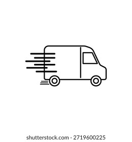 Icono de la furgoneta de la entrega con las líneas del movimiento que simbolizan el envío expreso rápido, confiable y la logística para el mensajero, el comercio electrónico y los servicios del paquete, transmitiendo la velocidad y la conveniencia