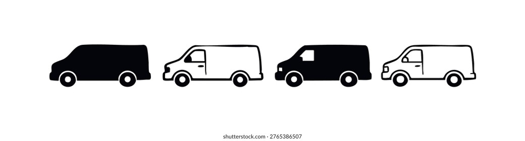 Delivery van icon set. Cargo truck symbols for logistics, shipping, and express services. Vector illustration.