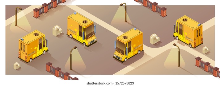 Delivery van isometric. Four projections of a car delivery in isometry. Isolated Vector.