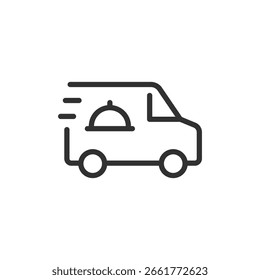 Furgoneta de entrega, icono lineal. Servicio de transporte de mercancías o alimentos. Línea con trazo editable.