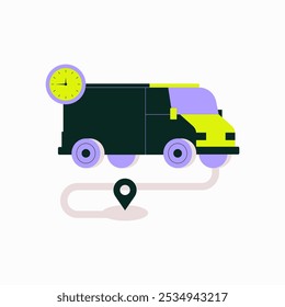Furgoneta De Entrega Con Pin De Locación Y Reloj En Ilustración vectorial Plana Que Simboliza La Logística, El Tiempo De Entrega Y El Envío, Aislado Sobre Fondo Blanco