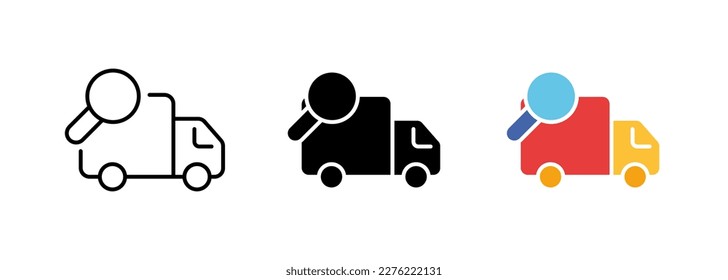 Delivery van with a magnifying glass icon, which may represent the concept of tracking or searching for a package. Vector set of icons in line, black and colorful styles isolated.