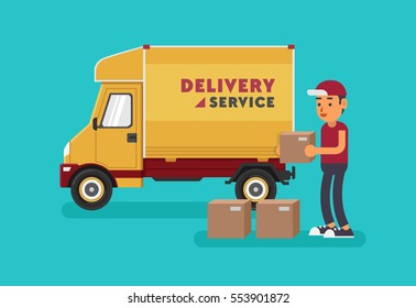 Delivery van. Delivery man. Vector illustration