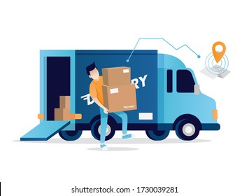 Delivery Van, men carrying package 