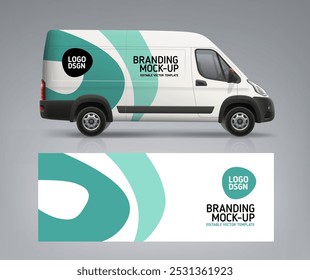 Delivery Van mockup with abstract branding design. Side view Cargo Van for advertising text, logo or your brand identity design. Branding Van. Horizontal AD banner. Editable vector template