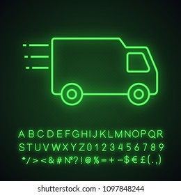 Delivery van neon light icon. Fast shipping. Freight transport. Glowing sign with alphabet, numbers and symbols. Vector isolated illustration