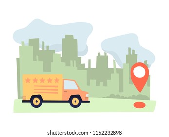 Delivery van on city background. Fast truck service.