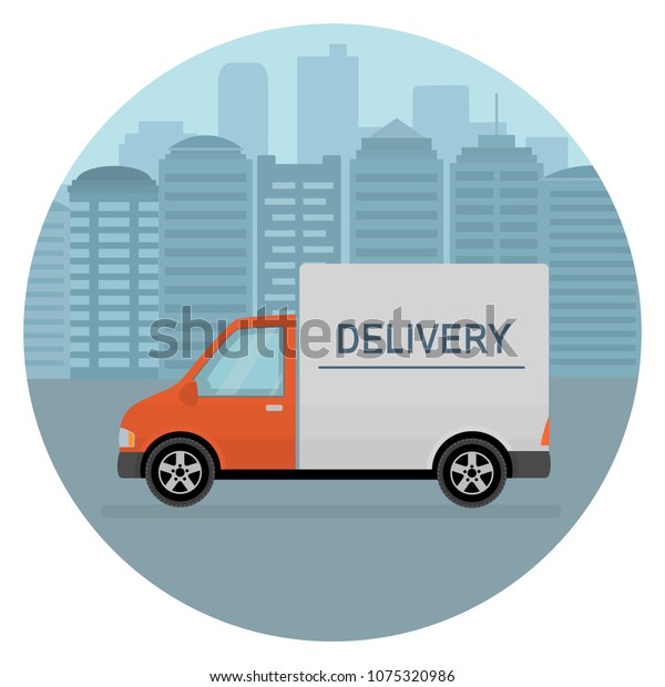 Delivery van on\
city background. Product goods shipping transport. Fast service\
truck. Vector\
illustration.\
