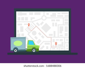 Delivery Van on City Map Background, Delivery Service Car, Product and Goods Shipping Transport Vector Illustration