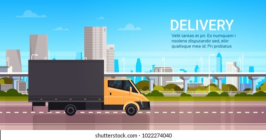 Delivery Van Over City Background. Shipping Transportation Service Truck Concept Flat Vector Illustration