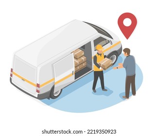 delivery van with people location logistics service logistic and shop shiping isometric yellow vector