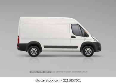 Delivery Van realistic vector Mockup template. Side view van for Branding and Corporate identity design. White Cargo Van isolated on grey background