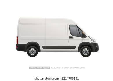 Delivery Van Realistic Vector Template. Blank Mockup Company Car Template For Branding And Corporate Identity Design. Corporate Vehicle Mockup. White Cargo Van Isolated On White Background