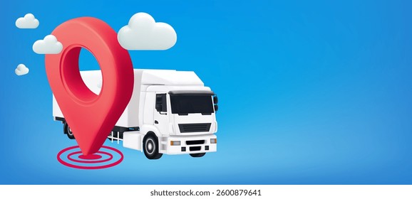 Delivery van red location pointer on white background Concept of parcel and navigation