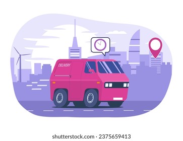 Lieferwagenfahrten auf dem Hintergrund einer abstrakten Stadtlandschaft. Vektorgrafik.