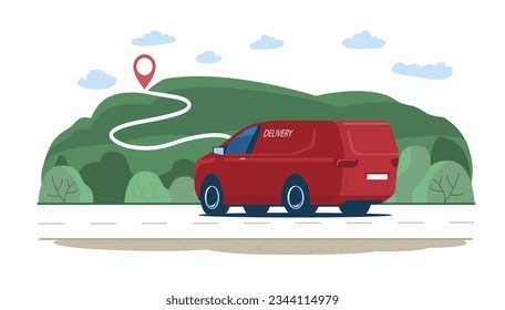 Delivery van riding along the route against the backdrop of a country landscape. Vector illustration.