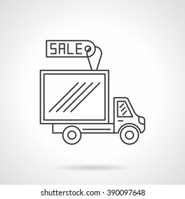 Delivery van with sale tag. Car business. Van and truck for sale. Flat line style single vector icon. Element for web design, business, mobile app. 