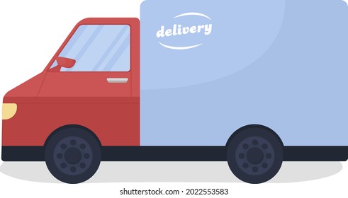 Objeto vector vectorial de color semiplano de la camioneta de entrega. Elemento de tamaño completo sobre blanco. Transporte de mercancías a clientes. Ilustración de estilo de dibujos animados modernos aislados en el negocio de la entrega para diseño gráfico y animación