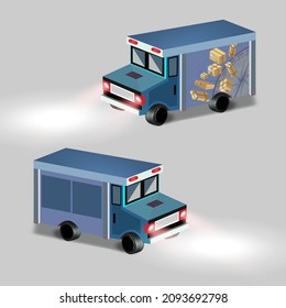Objeto vector vectorial de color semiplano de la camioneta de entrega. Elemento de tamaño completo sobre blanco. Transporte de mercancías a clientes. Ilustración de estilo de dibujos animados modernos aislados en el negocio de la entrega para diseño gráfico y animación