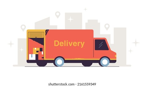 Delivery Van Service Car With Open Trunk Vector Illustration. White Background