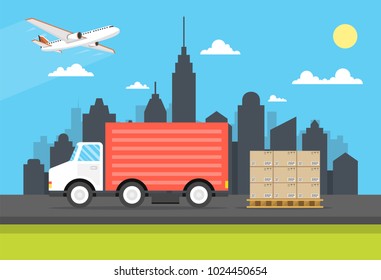 Delivery van with shadow and cardboard boxes on city background.  Product goods shipping transport. Concept of the shipping service. Vector illustration.